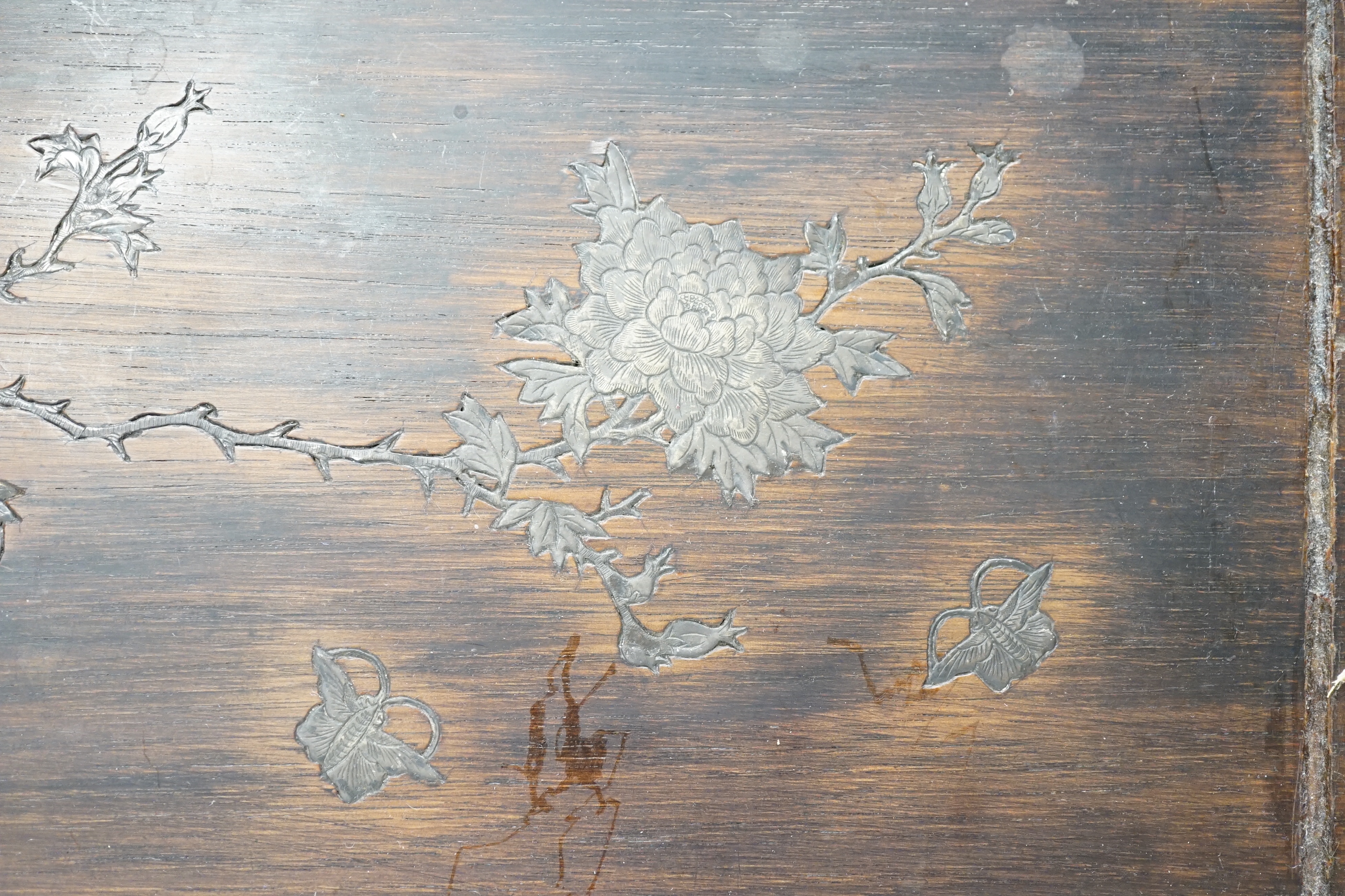 A Chinese white metal wall mounted hongmu tray and a Chinese carved soapstone table screen on stand, tray 44cm x 29.5cm